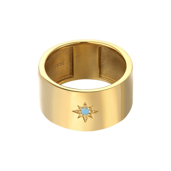 Star set turquoise chunky band ring - thick ring - turquoise band - turquoise - chunky ring - gold - silver - unisex ring - H1-R-9308