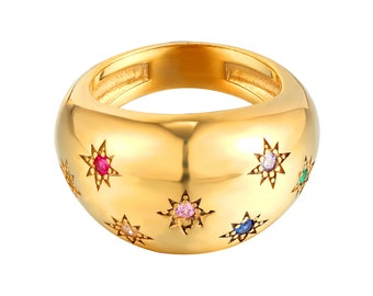 Star set rainbow cz dome ring - chunky domed ring - star set - rainbow cz band- chunky ring - thick ring - gold - silver - H1-R-9304-MULTI