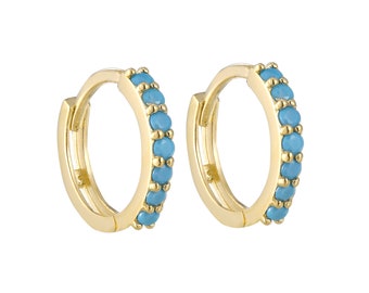 9ct gold - turquoise - tiny hoop earring - tiny hoop - gold hoop earring - huggie - gold hoops - turquoise hoops -  gold hoop -I3HU-5578-TUR