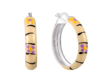 Hand enamelled - lilac - yellow flower - large - silver hoops - enamel hoop earring - creole hoop - enamel hoop - silver hoop -T2-CR-2653