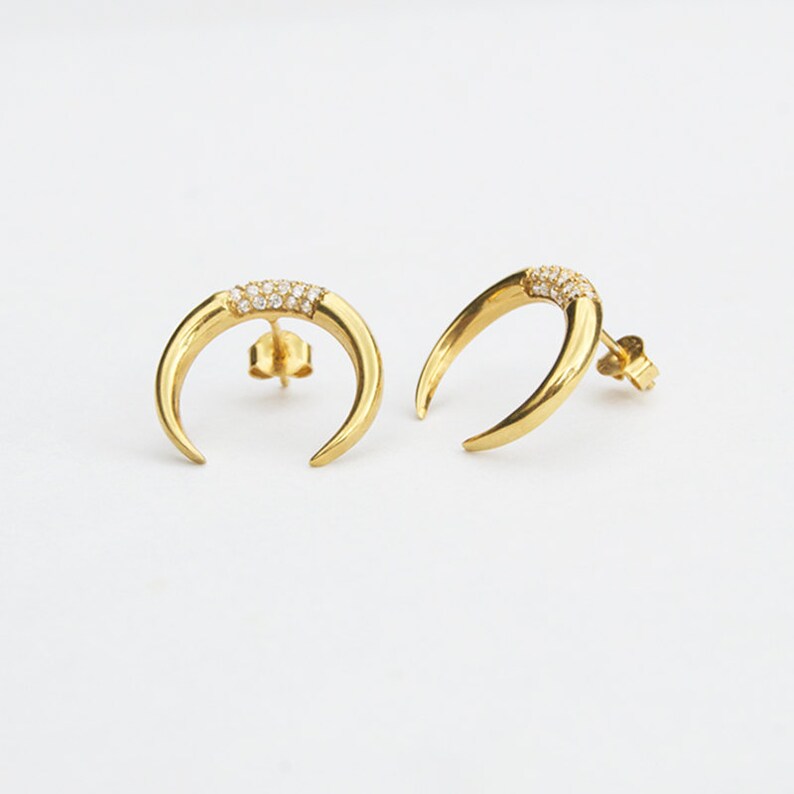 Horn studs cz earrings cubic zirconia gold earring Tusk earrings gold stud earrings wanderlust jewelry cz stud J1-SF-1383 image 7