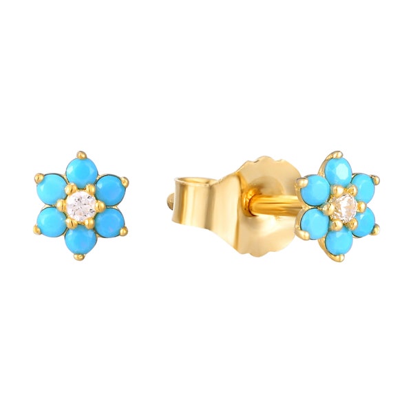 9ct gold - turquoise cz flower studs - turquoise earrings - cz earrings - flower earrings - gold - studs - tiny studs - I3-SF-6429