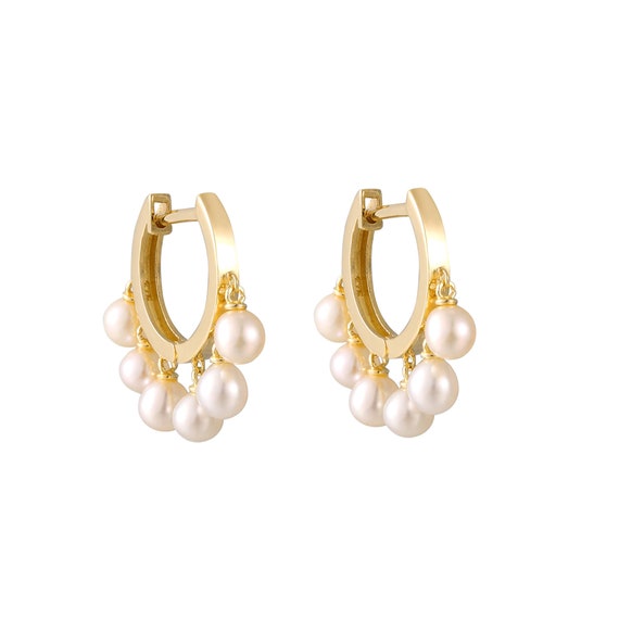 9ct Gold Pearl Drop Hoops Pearl Earrings Hoop Earrings Pearl