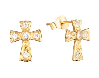 9ct gold - CZ - cross - stud earrings - small gold earrings - gold - gold cross - cross earrings - tiny stud earrings - gold studs I3SF-1066