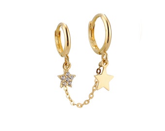 9ct gold - cz star chain hoop earrings - silver hoop - gold hoop earring - star charm - 9ct gold hoops - gold hoops - charm hoop I3HU-4440