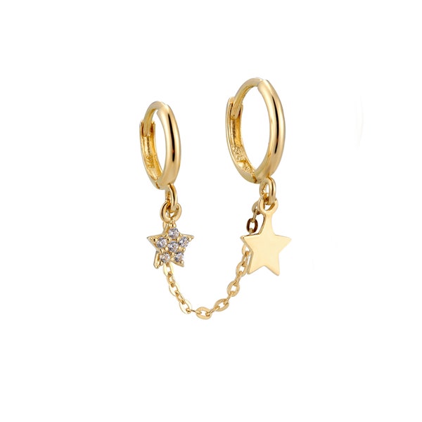 9ct gold - cz star chain hoop earrings - silver hoop - gold hoop earring - star charm - 9ct gold hoops - gold hoops - charm hoop I3HU-4440