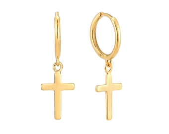 Cross - gold hoops - tiny gold hoop earrings - small hoop earring - tiny charm hoops - cross hoops - charm hoops - cross earrings -P3HU-0212