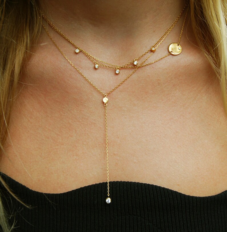 Gold Lariat Lariat Necklace Statement Necklace Cz Etsy UK