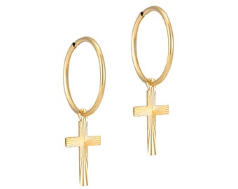 Tiny gold hoops - tiny hoops - cross hoops - 9ct gold hoops - gold hoop earrings - gold cross hoops - cartilage hoops - small cross -TP-6598