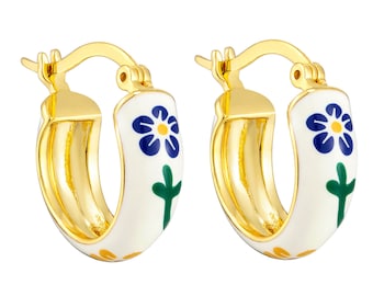 Hand enamelled - navy - yellow flower - silver hoops - silver - enamel hoop earrings - creole hoops - enamel hoops - summer -T2-CR-2660