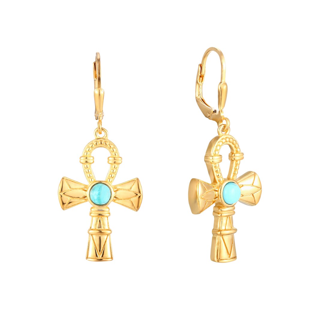 Drop Earrings Turquoise Gold Earrings Egyptian Jewelry Ankh Earrings
