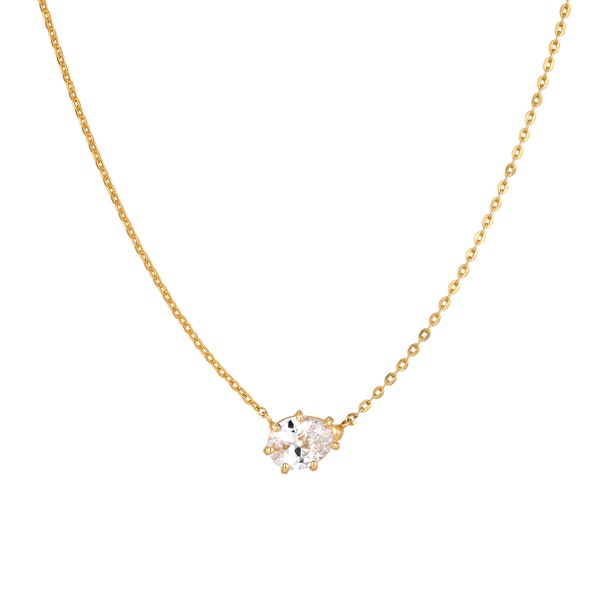 9ct Solid Gold Necklace - Pear shape CZ - solitaire necklace - floating cz - stacking necklace - cz - 9ct gold - layering - I3CN-5486