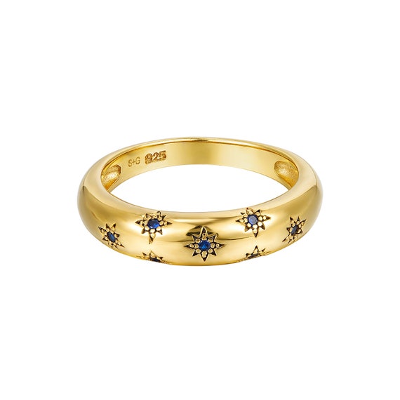 Studded Sapphire Domed Ring Star Set Ring Gold Ring Chunky Dome