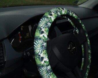 Steering wheel cover Tropical leaves Car accessories Floral Monstera leaves Tropical leaf Gift for her Seat belt cover Accessories set Cover
