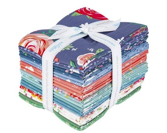 Precut fat quarters. Poppy and Posey by Dodi Poulsen for Riley Blake. 21 piece bundle. Floral print in white, blues, greens and corals.