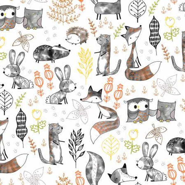 SALE Cotton fabric Fabric editions quilters palette just friends multi animals allover fox owl bunnies raccoon hedgehog gray orange yellow