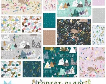 Precut fat quarter. Forest glade By Esther Fallon Lau for Clothworks. 16 piece bundle. Gender Neutral print featuring mountains and deer.