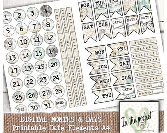 Numbers, Daily, Months, Journal, Printable, Digital Download, Vintage, Junk Journal, Collage Art, Dates, Ephemera, Stickers, Days, Labels