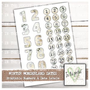 Op de afbeelding: Printbare nummers en datumetiketten in vintage stijl met een beige en bruin kleurenschema. De nummers 1 tot en met 26 zijn opgenomen in een ronde vorm met een witte achtergrond en een zwarte omtrek. De tekst "Winter Wonderland Dates" is onderaan de pagina afgedrukt.