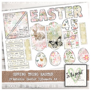 May include: A printable sheet of Easter ephemera with a variety of images, including bunnies, butterflies, eggs, and floral designs. The sheet is decorated with a burlap texture and the text "Spring Thing Easter" and "Printable Easter Ephemera A4".