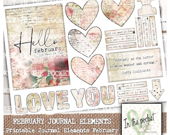 Hello February, Quotes, Valentine, Love, Words, Printable, Digital Download, Scrapbook, Journal, Junk Journal, Ephemera, Hearts,  Stickers