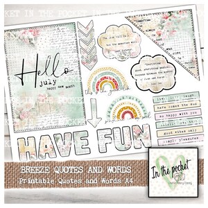 Sentiments, Quotes, Words, Elements, Summer, July, Breeze, Printable, Digital Download, Journal, Junk Journal, Ephemera, Journal Supplies
