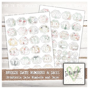 May include: A set of printable date numbers and days in a cloud shape with a floral design. The numbers 1 through 31 and the days of the week are included. The text "BREEZE DATE NUMBERS & DAYS" and "Printable Date Numbers and Days" are at the bottom of the image. The text "In the pocket Creative Memory Keeping" is in a green circle with a camera icon.