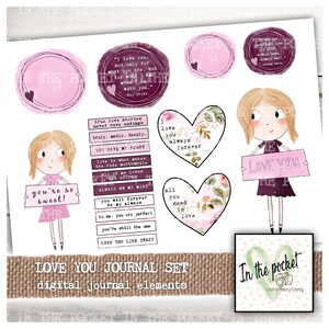 Journal elements, Love You, Valentine Journaling, Doll, Girl, Sentiments, Quotes, Words, Printable, Junk Journal, Digital, Valentines Day