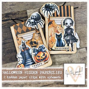 隠されたペーパークリップ、ハロウィーン、不気味、ブックマーク、ジャーナル、印刷可能、デジタルダウンロード、ジャンクジャーナル、エフェメラ、ペーパークリップ、ポケット、秋