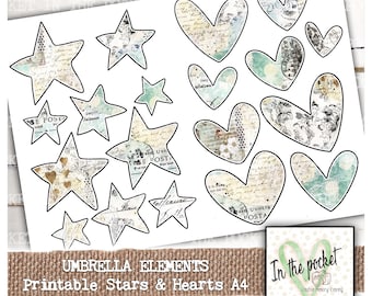 Printable Hearts, Stars, Printable, Scrapbook, Journal, Vintage, Junk Journal, Collage, Mixed Media, Hearts, Stickers, ephemera, Journal