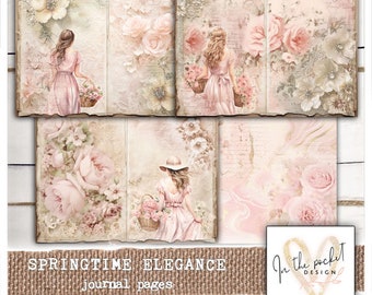 Frühling, Frühling, Eleganz, Journal Seiten, Junk Journal, Notizpapier, bedruckbar, Papiere, digitaler Download, Journal, Papierpackung, Mädchen