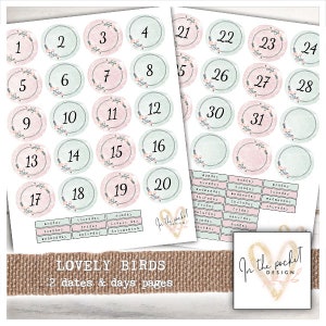 Date, Numbers, Days, Printable, Digital Download, Journal, Paper, Junk Journal, Ephemera, Numbers, Daily, Lovely, Birds, Labels, Blue, Pink