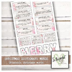 May include: A printable sheet of Christmas vocabulary words with pink and white floral designs. The words include "Christmas", "Santa Claus", "Christmas Tree", "Merry", "Joy", "Re-Joice", "Joy to the World", "Silent Night", "Jingle All the Way", "Holly Jolly", "Christmas Cookies", "Happy Holidays", "Merry Christmas", "Naughty or Nice", and "Deck the Halls".
