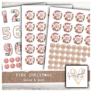 Kerstmis, Datum, Nummers, Dagen, Afdrukbare, Digitale download, Roze, Datum, Roze, Dagboek, Papier, Junk Journal, Ephemera, Nummers, Dagelijks december, Winter