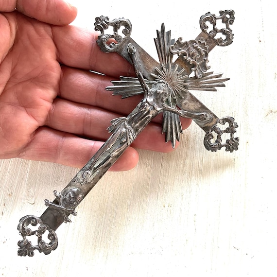 Antique Silver Crucifix - 1700s Religious Home Decor