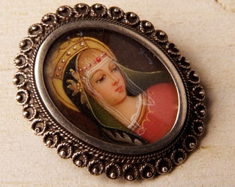 antique silver and hand painted brooch or pendant