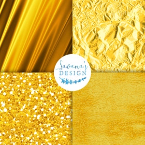 May include: Four different gold textures: a smooth, shiny, and slightly wavy surface; a crumpled, wrinkled, and textured surface; a sparkly, glittery surface; and a rough, textured surface.