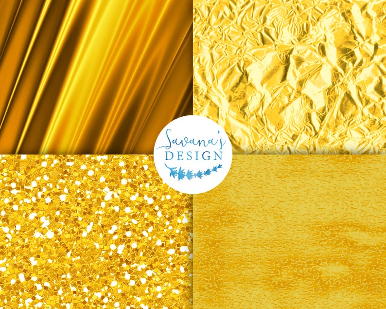 May include: Four different gold textures: a smooth, shiny, and slightly wavy surface; a crumpled, wrinkled, and textured surface; a sparkly, glittery surface; and a rough, textured surface.