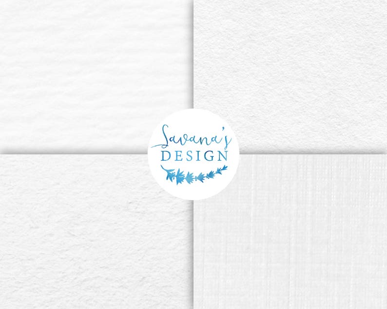 Puede incluir: Cuatro muestras de papel blanco texturizado con un logotipo en el centro que dice "Savana's DESIGN" con un dise&ntilde;o floral azul acuarela.