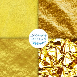 May include: Four different textures of gold foil. The top left is a smooth, matte gold. The top right is a crumpled, textured gold. The bottom left is a slightly textured gold. The bottom right is a highly crumpled, textured gold.