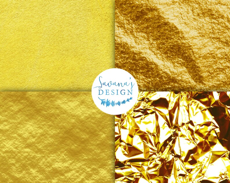 May include: Four different textures of gold foil. The top left is a smooth, matte gold. The top right is a crumpled, textured gold. The bottom left is a slightly textured gold. The bottom right is a highly crumpled, textured gold.