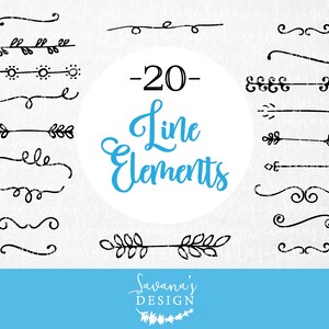 K&ouml;nnte beinhalten: Ein Satz von 20 handgezeichneten Linienelementen, darunter Schw&uuml;nge, Striche und florale Designs. Die Elemente sind schwarz auf wei&szlig;em Hintergrund. Der Text "20 Line Elements" ist in blauer Kursivschrift geschrieben.