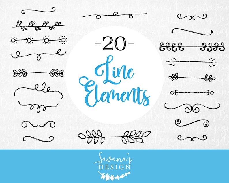 K&ouml;nnte beinhalten: Ein Satz von 20 handgezeichneten Linienelementen, darunter Schw&uuml;nge, Striche und florale Designs. Die Elemente sind schwarz auf wei&szlig;em Hintergrund. Der Text "20 Line Elements" ist in blauer Kursivschrift geschrieben.