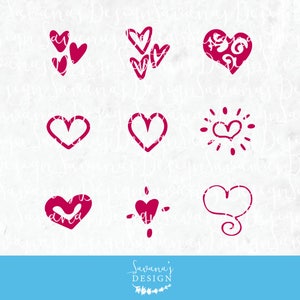 Peut inclure: Une collection de neuf motifs en forme de c&oelig;ur de diff&eacute;rentes tailles et styles, de couleur rose fonc&eacute;. Certains c&oelig;urs pr&eacute;sentent des motifs complexes, tandis que d'autres sont de simples contours ou groupes. Le texte "Savana's DESIGN" est inclus.
