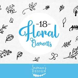 K&ouml;nnte beinhalten: Ein Set mit 18 schwarzen und wei&szlig;en floralen Elementen, darunter Bl&auml;tter, Zweige und Schn&ouml;rkel. Der Text "18 Floral Elements" ist in Blau auf einem wei&szlig;en Kreis geschrieben.