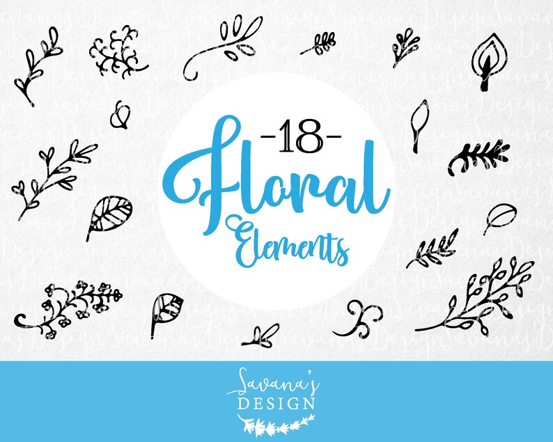 K&ouml;nnte beinhalten: Ein Set mit 18 schwarzen und wei&szlig;en floralen Elementen, darunter Bl&auml;tter, Zweige und Schn&ouml;rkel. Der Text "18 Floral Elements" ist in Blau auf einem wei&szlig;en Kreis geschrieben.