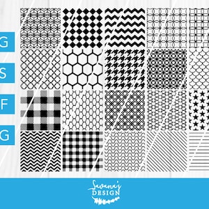 May include: A collection of black and white geometric patterns, including zigzags, plaid, and stars. The image includes the text "SVG, EPS, DXF, PNG" and the Savana's Design logo. These patterns are suitable for various design projects.