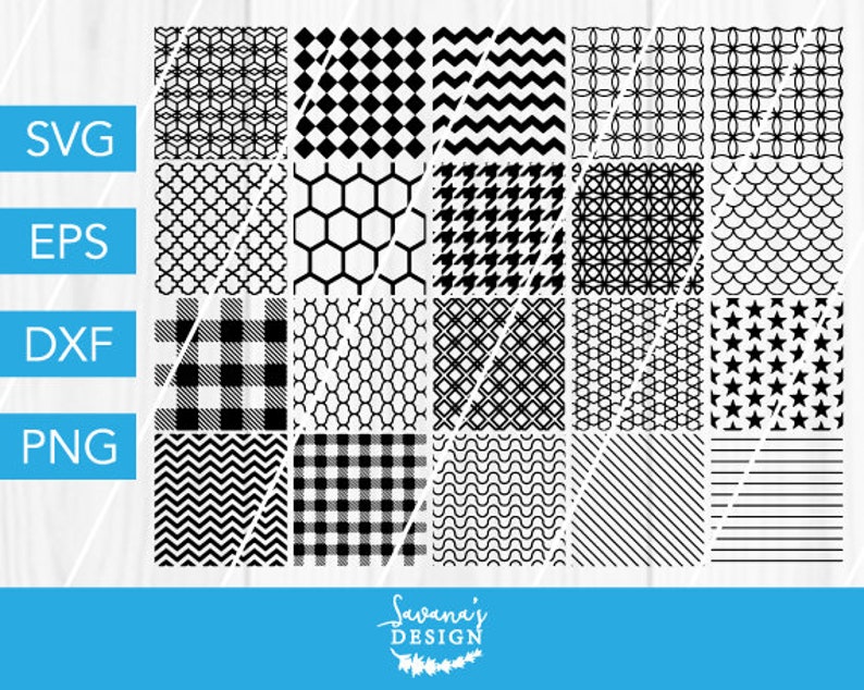 May include: A collection of black and white geometric patterns, including zigzags, plaid, and stars. The image includes the text "SVG, EPS, DXF, PNG" and the Savana's Design logo. These patterns are suitable for various design projects.