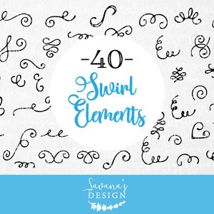 K&ouml;nnte beinhalten: Ein Satz mit 40 schwarzen und wei&szlig;en Wirbel-Designelementen. Die Wirbel sind handgezeichnet und haben eine strukturierte Optik. Der Text "Swirl Elements" ist in blauer Kursivschrift geschrieben.