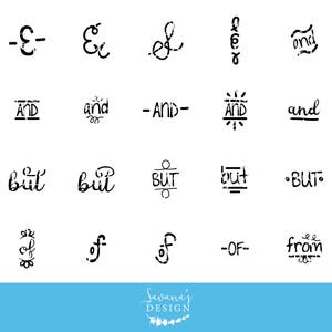 May include: A collection of black and white graphic design elements, including ampersands, the words "and", "but", "of", and "from", in various stylized fonts. The design elements are arranged on a white background.